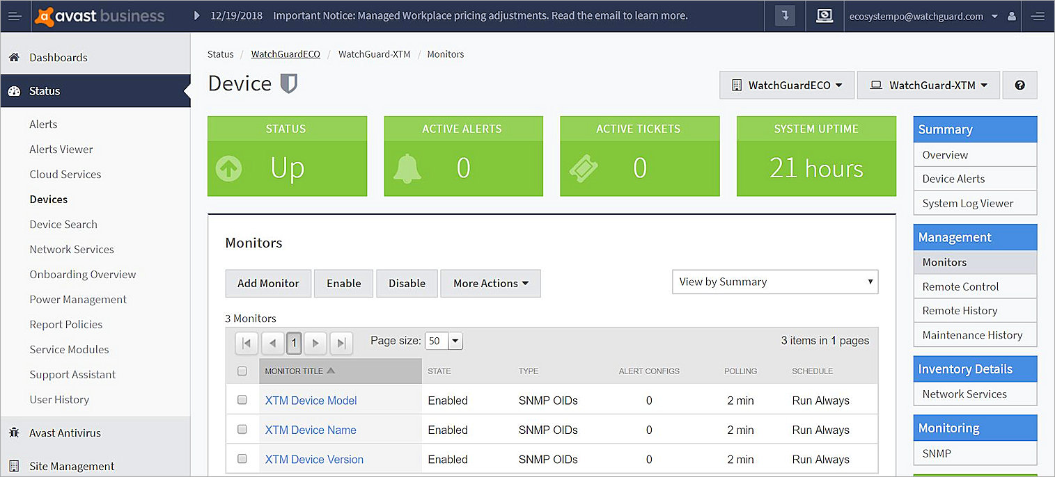 Screenshot of AVG Business Monitors Summary dialog box